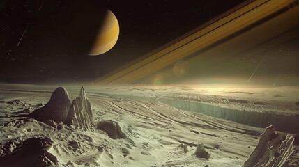 Surface of Enceladus with Saturn in the Background in High Definition