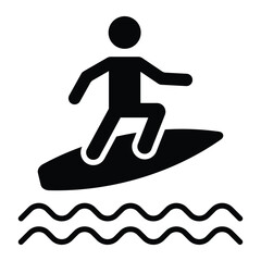 Surfer vector icon. Surfing with surfboard sign. Black silhouette. Surfer Riding a Wave. Water sport. Powerful Ocean, Sea Wave.