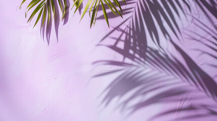 Blurred shadow from palm leaves on the light purple color wall. Minimal abstract background.