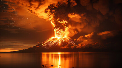 Majestic Volcanic Eruption: Awe-Inspiring Silhouette Against the Night Sky