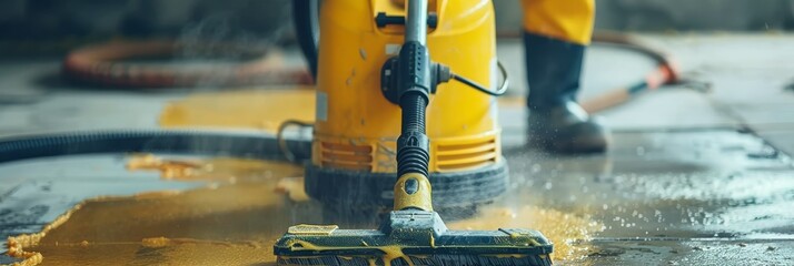 Professional cleaning crew using vacuum in spacious office with employees in the background