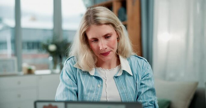 Woman, home and laptop with sneezing or sick with flu or sinus in living room as student. Girl, sneeze and couch in lounge for research or online education with fever, virus and allergy on tissue
