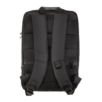 Sturdy black backpack designed with multiple zippered compartments and adjustable straps against grey background. Concept of  convenient stylish accessory for business trips and travel