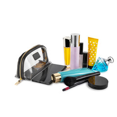 Two clear beauty pouches with blank labels and variety of makeup items, cosmetics and designer perfume bottle laid out on white background. Stylish accessories for beauty enthusiasts