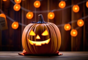 Fototapeta premium A festive Halloween table set up with a pumpkin bag filled with candy and spooky decorations