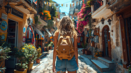 Fototapeta premium A solo traveler exploring an ancient city, with stunning architecture and vibrant street scenes