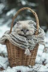 Cute siamese kitten relaxing in wicker basket with soft knitted blankets for cozy nap