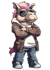A cartoon character Camel stands upright, wearing clothes, with arms crossed and aviator sunglasses.