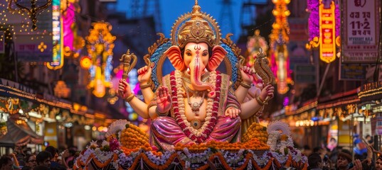 Fototapeta premium Colorful ganesh chaturthi processions showcasing beautifully adorned idols and traditional attire