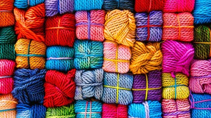 Colorful yarn rolls creating a vibrant and dynamic backdrop for various creative projects