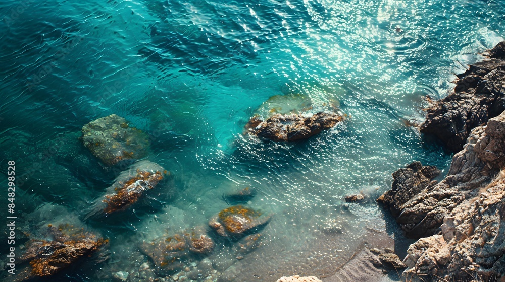 Wall mural An aerial view of a rocky beach with blue and green tones - Wall murals