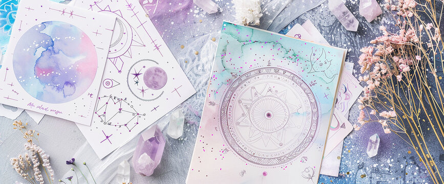 Astrology. Astrologer calculates natal chart and makes a forecast of fate Tarot cards, Fortune telling on tarot cards magic crystal, occultism, Esoteric background. Fortune telling,tarot predictions