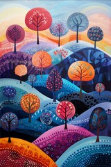 colorful landscape of rolling hills with a variety of trees, under a sky transitioning from day to night