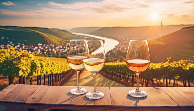 Weinprobe mit Weinprobiergl&auml;ser in einem Weinberg in einer Weinlage am Mittelrhein in der Region Oberer Mittelrhein bei Sonnenuntergang