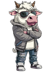 Naklejka premium A cartoon character Cattle stands upright, wearing clothes, with arms crossed and aviator sunglasses.