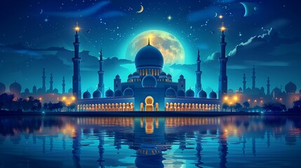 Naklejka premium Beautiful mosque in the background of the night sky with a full moon and stars