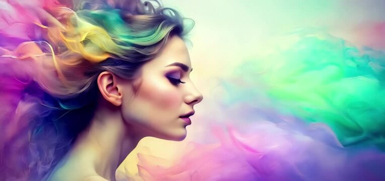 Beautiful Girl in profile with wavy hair of multi-colored smoke
