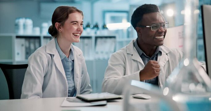 Happy people, scientist and high five with applause for breakthrough, research or development at laboratory. Excited man and woman with smile for success or scientific discovery on technology at lab