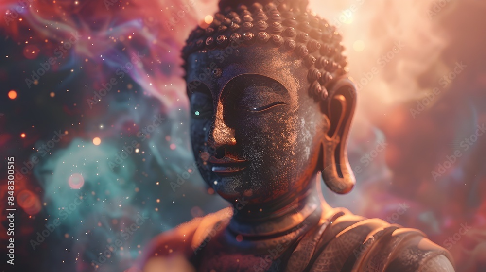 Wall mural mesmerizing buddha statue in surreal celestial realm with ethereal,spiritual vibes and majestic aest