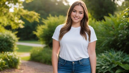 Fototapeta premium Plus size young woman wearing white t-shirt and blue jeans standing in nature