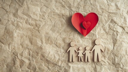 Figures of family and heart on beige background, top view. Insurance concept