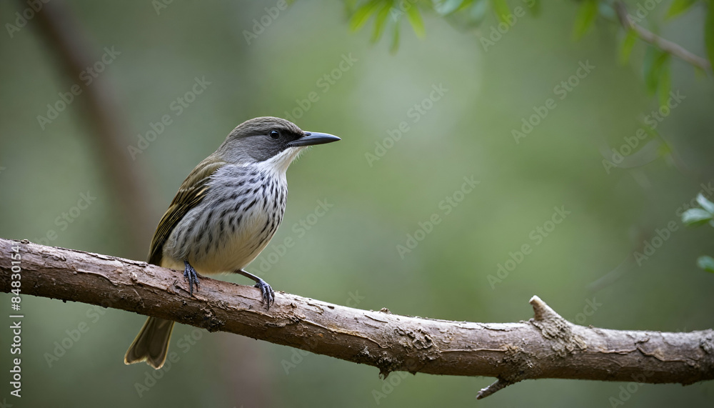 Wall mural honeyeater perched on textured tree branch with bokeh background and natural lighting