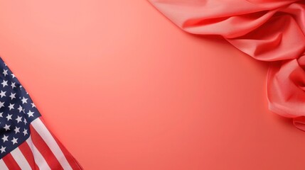 plain coral pink background with a USA flag theme in the corner and copy space for text on the left