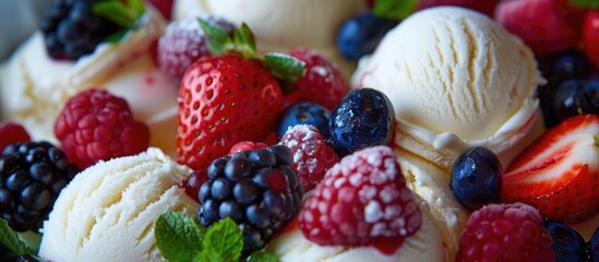 Fresh berries topping on scoops of vanilla ice cream