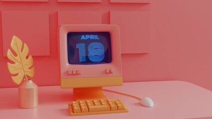 Neon Retro Calendar- April 18 Displayed on Vintage Computer Screen with 80s Style Graphics