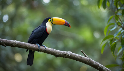 Toucan Bird Perched on Tree Branch with Blurred Bokeh Background