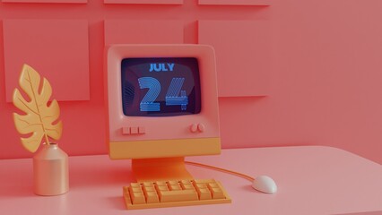 Neon Retro Calendar- July 24 Displayed on Vintage Computer Screen with 80s Style Graphics