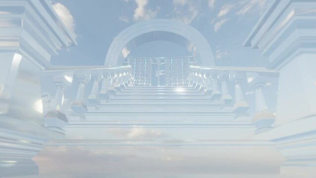 Stairs to Heaven with heavenly sky and heavens gate. Religious or success concept. 4K video animation 3d rendering.