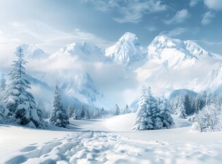 Obraz premium A snowy mountain landscape with a snowy landscape and a snowy mountain in the background. 