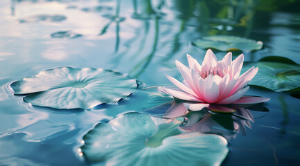 Beautiful sunset landscape of the lake in lotus flowers