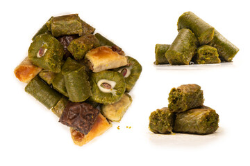 Turkish pistachio baklava isolated on a white background. A variety of turkish sweet baklava.