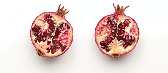 Isolated pomegranate cut in half on a white background with clipping path.