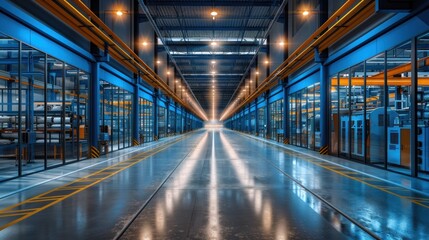 Industrial Interior with Long Corridor and Glass Walls