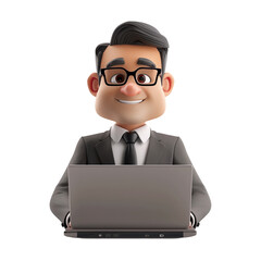 A cheerful 3D businessman working on a laptop in a sleek isolated on white background
