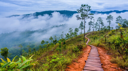 Obraz premium A wooden path at the top of a mountain among tropical plants in the fog.