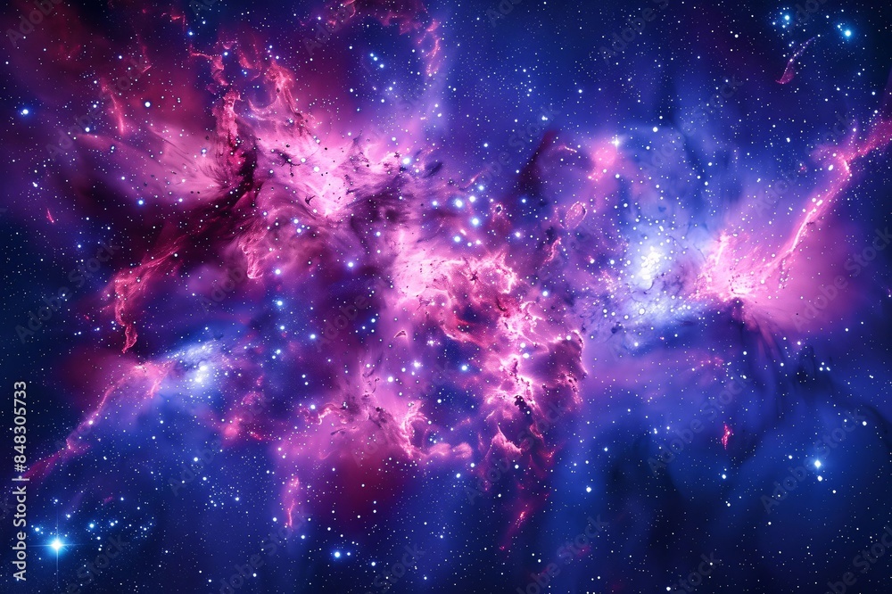 Wall mural glowing purple nebula clouds and twinkling stars in deep space create a mesmerizing cosmic scene of 
