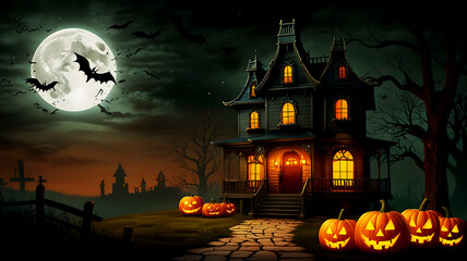 Halloween banner with haunted house. Old abandoned house on full moon night. Bats flying in the sky Creepy colonial cottage in mysterious forest.
