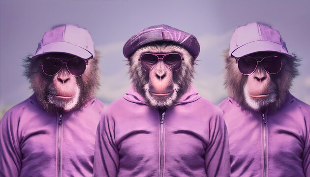 drei, affen, mit, base, cap, baseball, gruppe, freunde, gang, zusammen, sportlich, jogging, anzug, tragen, tire, affe, komisch, sonnenbrille, vibrant, 3d, neon, menschlich, cool ganster, clique, reihe