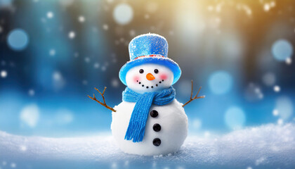 Close-up of miniature snowman standing in snow, blue backdrop. Merry Christmas, Happy New Year