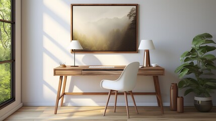 Bright and airy office space with a wooden desk, a minimalistic chair, a closed laptop, and a framed artwork on the wall.