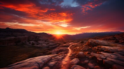 A breathtaking sunset over a mountain range, with the sky ablaze in hues of orange and red, casting long shadows and highlighting the rugged terrain