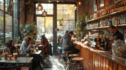 Naklejka premium A trendy coffee shop with patrons enjoying their drinks, modern decor, and a barista at work