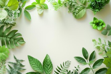 A beautiful border of various green leaves and plants on a light background, creating a fresh and natural frame for any text or design.