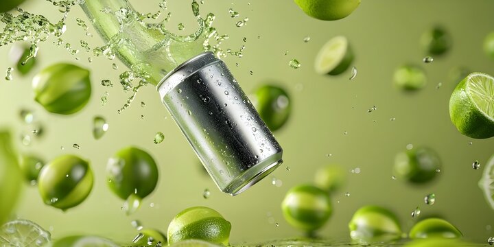 Chilled Aluminum Sparkling Citrus Lime Soda Can Mockup with Refreshing Green Juice Splashes