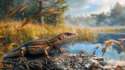 A lizard sits on a log against the backdrop of a lake and trees in the forest. A beautiful reptile in the wild in a stunning landscape. Background for design.
