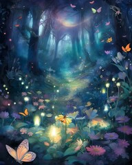 Enchanting Watercolor Garden Filled with Glowing Fireflies,Vibrant Flowers,and Delicate Butterflies under Starlit Sky